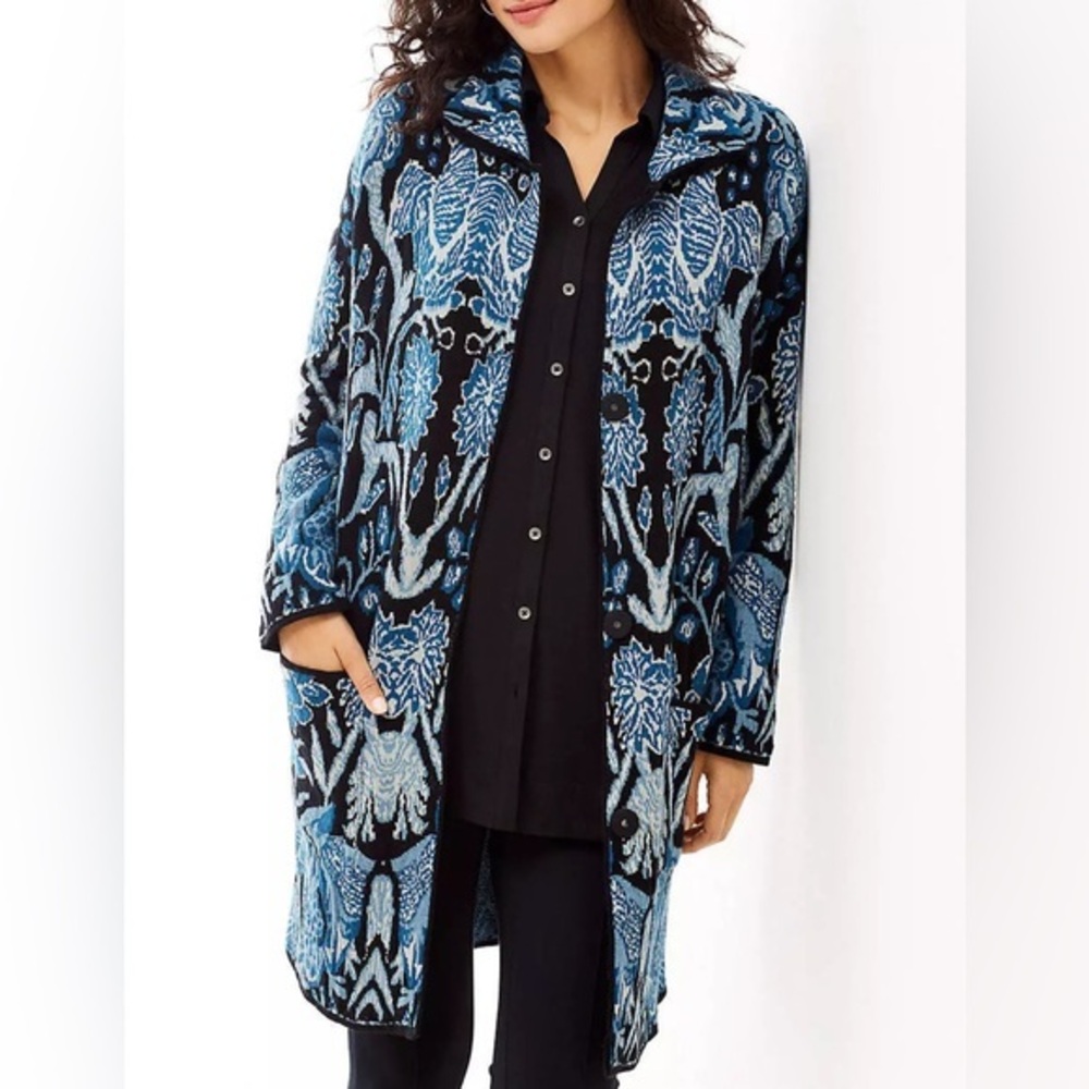 J. Jill Gorgeous Prussian Blue Multi Chestnut Hill Topper Snap Long Sweater XS